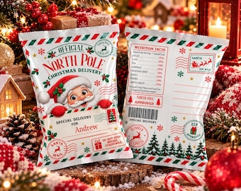 Bolsas de patatas fritas navideñas personalizables de Canva | Plantilla de bolsa de patatas fritas navideñas | A4 + Carta estadounidense | Recuerdos de fiesta imprimibles