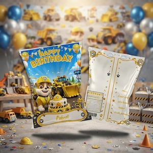 May include: A custom party favor bag featuring a Paw Patrol Rubble character, a yellow construction vehicle, and a birthday cake. The front displays the text Happy Birthday and the name Robert. The back includes a blank form for birthday notes.