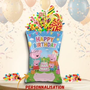 May include: A rectangular party favour bag featuring Peppa Pig characters, a birthday cake, and the text Happy Birthday. The bag is overflowing with colourful lollipops and assorted sweets, set against a background of balloons and confetti.