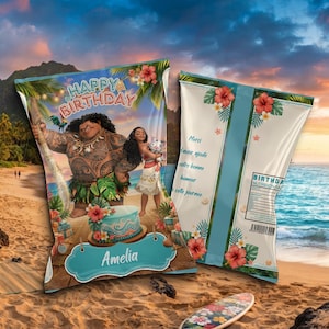 Vaiana Template Canva Éditable – Sachet de Chips Personnalisable – Anniversaire Vaiana – Décoration de Fête Stitch Téléchargement Instantané