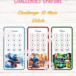 Stitch 12-månaders sparutmaning PDF | 1 fil, 4 sidor med 3 månatliga spårare, intäkter på 936 € | Kontantfyllning och budgetplanerare