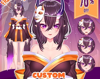 May include: A digital illustration of a custom VTUBER MODEL featuring a character with dark hair, purple eyes, and horns, wearing a black and orange kimono with a white mask. Text includes FREE EMOTE and 70% OFF.
