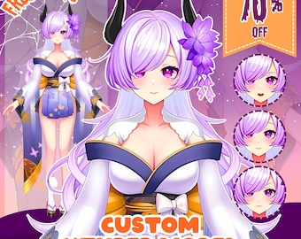 May include: A custom VTuber model featuring an anime-style character with long light purple hair, black horns, and purple eyes. The character wears a white and blue kimono-style outfit with gold floral accents. Text includes FREE EMOTE and 70% OFF.