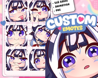 May include: A collection of custom digital emotes featuring an anime-style character with dark hair, purple eyes, and blue facial markings. The set includes various facial expressions, a sub badge, animation, and PNG files, all displayed in a grid.