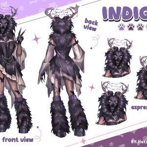 May include: A character reference sheet titled INDIGO featuring a dark-furred creature with antlers, wearing a black corset, layered skirt, fishnet stockings, and furry leg warmers. Includes front view, back view, and three facial expressions.