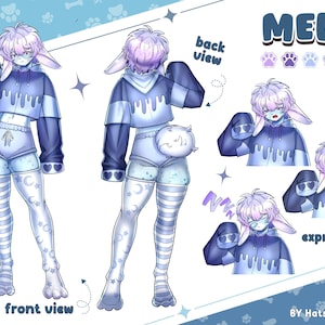 Könnte beinhalten: Ein digitales Charakter-Referenzblatt mit dem Titel MELA, das eine hasenartige Figur mit hellviolettem Haar und blauem Fell zeigt. Die Figur trägt einen dunkelblauen, bauchfreien Kapuzenpullover mit Tropfenmuster, hellblaue Shorts und gestreifte Strümpfe.