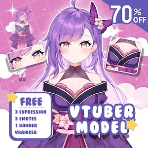 May include: Digital illustration of a VTuber model with purple hair and a butterfly accessory. The image includes close-ups of the model's face and outfit, plus text reading "FREE" and "VTUBER MODEL". The background is pink with a 70% off banner.