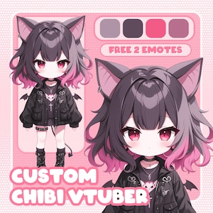 Pode incluir: Ilustração personalizada de VTuber chibi com cabelo rosa e preto, vestindo uma jaqueta preta com uma cruz branca e um design de coração, e botas pretas. A ilustração tem orelhas de morcego e está sobre um fundo rosa com o texto "FREE 2 EMOTES" e "CUSTOM CHIBI VTUBER".