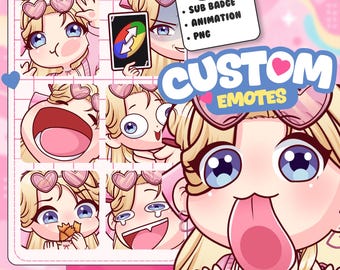 May include: A digital illustration sheet featuring multiple chibi-style character emotes with blonde hair and heart-shaped glasses. The text reads CUSTOM EMOTES, INCLUDE SUB BADGE, ANIMATION, PNG, and DISCOUNT SALE 70% OFF. The characters display various expressions.