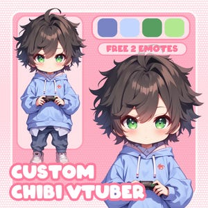 May include: A custom chibi VTuber illustration with brown hair, green eyes, and a blue hoodie. The character is holding a video game controller. The illustration includes the text "FREE 2 EMOTES" and "CUSTOM CHIBI VTUBER".