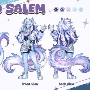 Può includere: Una scheda di riferimento del personaggio intitolata ECHO SALEM raffigurante una creatura simile a un lupo con pelliccia azzurra e viola. Il personaggio indossa un piumino bianco, pantaloncini scuri e scarpe da ginnastica, in vista laterale, frontale e posteriore.