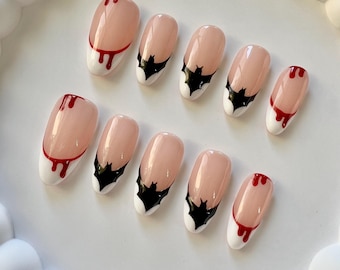 Bat and Vampire Halloween Press On Nails Spooky Nail Art | Gothic Nails with Blood Design | Unique Nail | Party Nail | acrylic nails | Party