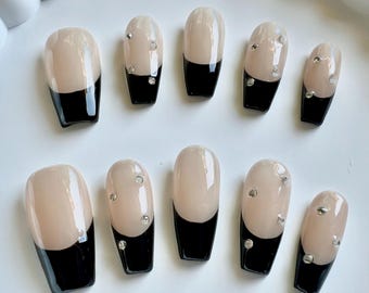 Black French Tip Press On Nails: Rhinestone Accent, Handmade