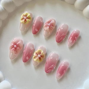 Pink Gradient 3D Floral Press On Nails Handmade Reusable Nails,Wedding Nails Custom 3D Flower Nail Special Occasion Nails, Fake almond nails