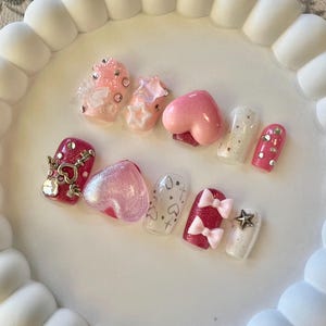 Pink Press On Nails | Handmade Baddie Nails with Hearts, Bows & Charms | Cute Reusable Fake Nails for Aesthetic Glam Look | Hot girl Nails