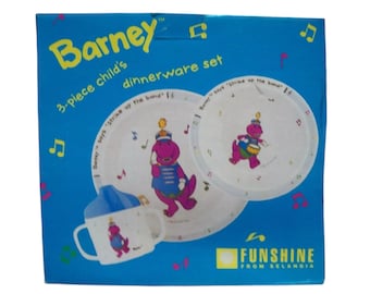 ¡Juego de vajilla vintage de melamina para niños BARNEY de 3 piezas, año 1992!