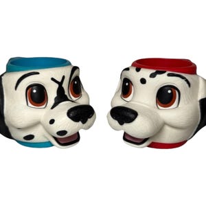 Vintage Disney 101 DALMATIANS Red & Blue Puppy Dog Face Cup Plastic Handled Mugs Set