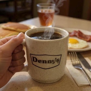May include: A steaming mug of coffee with the Denny's logo, part of a breakfast spread. Pancakes, bacon, and a fried egg are on a plate. A glass of tea and a bottle of syrup are also visible.