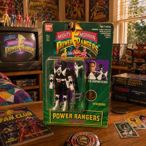 May include: A Power Rangers action figure in its original packaging. The figure is black and white, with the packaging featuring the Power Rangers logo and images of the characters. Other Power Rangers memorabilia is visible.