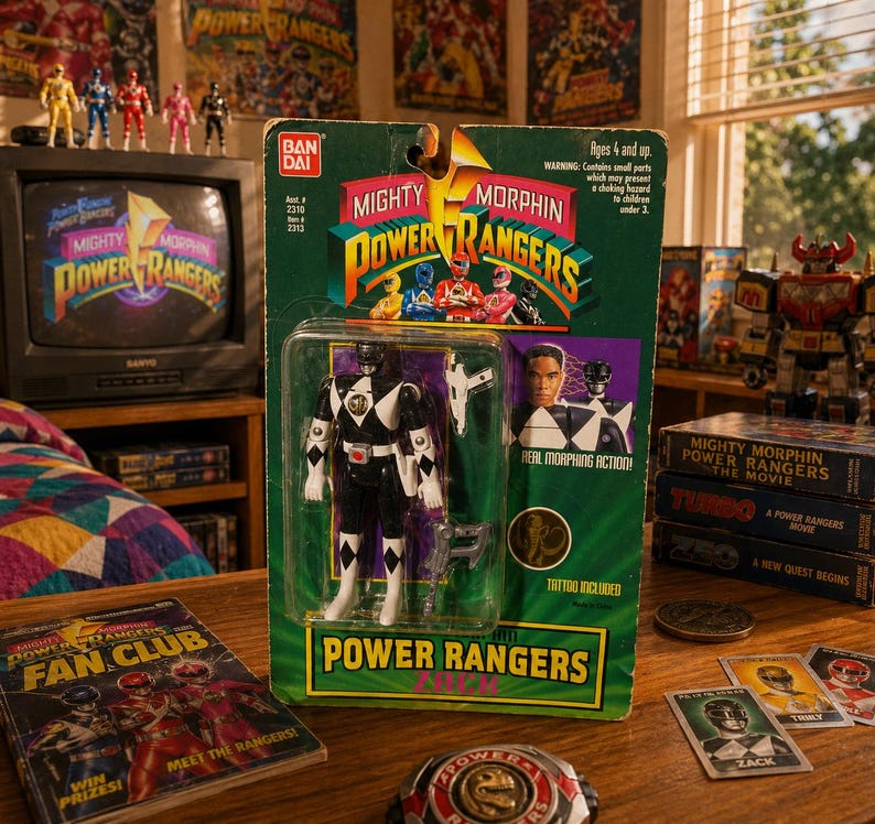 May include: A Power Rangers action figure in its original packaging. The figure is black and white, with the packaging featuring the Power Rangers logo and images of the characters. Other Power Rangers memorabilia is visible.