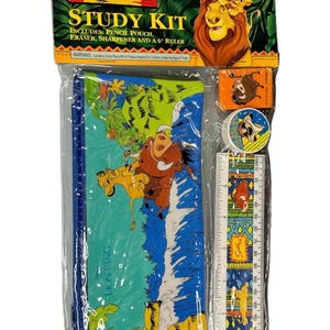 May include: The Lion King Study Kit includes a pencil pouch, eraser, sharpener, and a 6-inch ruler. The pouch features a colorful design with Simba, Pumbaa, and Timon. The ruler has a colorful design with Simba, Pumbaa, and Timon.