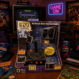 以下が含まれることがあります： レトロゲームのシーン。Atari TV Gamesシステム、ペプシの缶、"Rad"キャップがあります。"バック・トゥ・ザ・フューチャー"のポスター、"Game On"ネオンサイン、ドリトスの袋も含まれています。Atariシステムには10のクラシックゲームが含まれています。