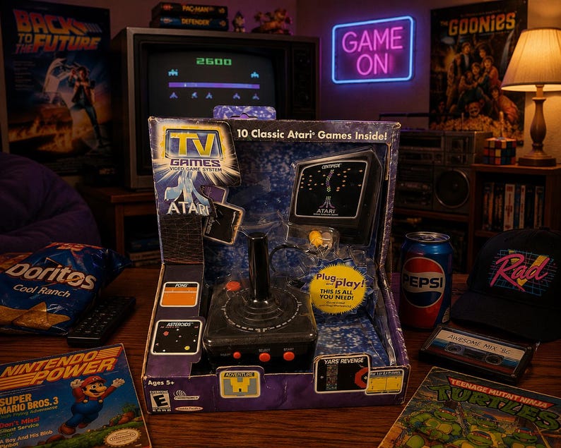 以下が含まれることがあります： レトロゲームのシーン。Atari TV Gamesシステム、ペプシの缶、"Rad"キャップがあります。"バック・トゥ・ザ・フューチャー"のポスター、"Game On"ネオンサイン、ドリトスの袋も含まれています。Atariシステムには10のクラシックゲームが含まれています。