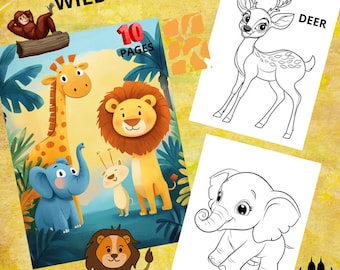 10 for kids coloring book, coloring book for kids wild animals with animal names, gray coloring book instant download, printable PDF file