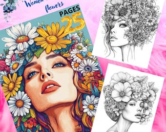 25 Frauen mit Haaren als Blumen - Malbuch für Erwachsene, digitale Malbücher, sofortiger Download, druckbare PDFs.