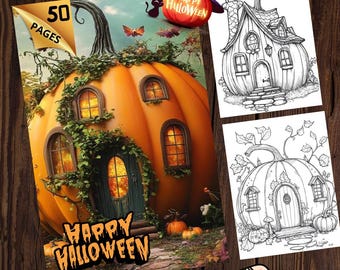 May include: A Halloween coloring book featuring 50 pages with a large orange pumpkin house illustration, two black and white line art pages of pumpkin dwellings, a purple witch hat, and a yellow pencil with a pink eraser.