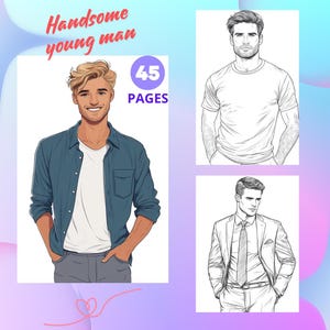 Könnte beinhalten: Ein Malbuch mit 45 Seiten mit Illustrationen eines gutaussehenden jungen Mannes in verschiedenen Outfits. Der Umschlag zeigt einen Mann, der ein blaues Hemd über einem weißen T-Shirt und grauen Hosen trägt.