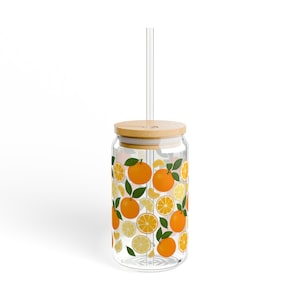 Citrus Breeze Sipper Glass | Orange and Lemon Glass Tumbler | Cute Citrus Iced Coffee Cup with Lid and Straw | Aesthetic Summer Drinkware