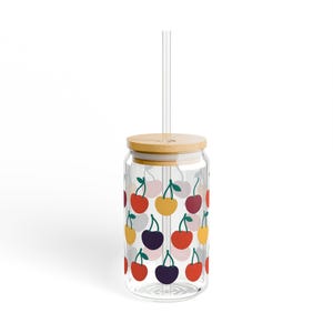 Cherry Glass Tumbler: Frosted Iced Coffee Cup with Lid & Straw