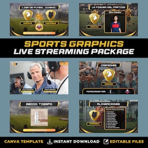 Peut inclure: Un ensemble de quatre modèles de graphismes sportifs pour la diffusion en direct. Les modèles présentent un schéma de couleurs or et noir avec un design moderne. Les modèles comprennent une carte de titre, une carte de surbrillance du joueur, une carte de mi-temps et une carte de composition. Les modèles sont modifiables et peuvent être personnalisés pour répondre à vos besoins.