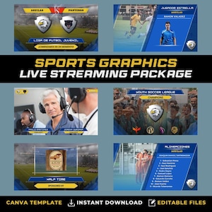 May include: A set of customizable sports graphics for live streaming. The graphics feature a blue and yellow color scheme with a soccer theme. The graphics include a scoreboard, a player highlight, a team logo, and a lineup card. The graphics are editable and can be used for any sport.