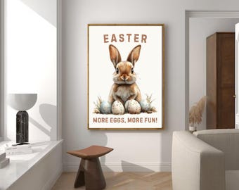 Arte de pared imprimible de conejo de Pascua, decoración retro de conejo de primavera, ilustración pastel navideña, impresión de conejo de Pascua, lindo conejo de Pascua, primavera neutra