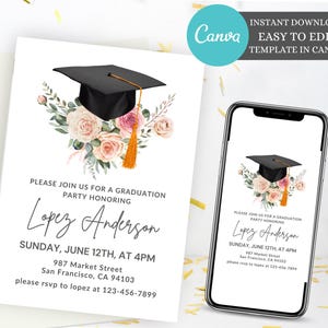 Editable Boho Graduation Party Invitation, Spring floral graduation party invite, Blush Pink Flower & Gold Frame Graduation Party Invitation