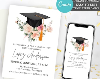 Editable Boho Graduation Party Invitation, Spring floral graduation party invite, Blush Pink Flower & Gold Frame Graduation Party Invitation