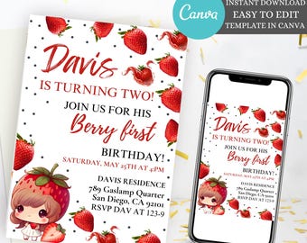 Faire-part d'anniversaire modifiable aux fraises, faire-part aux fraises moderne, faire-part de fête sucré aux baies, tout âge, modèle d'invitation modifiable