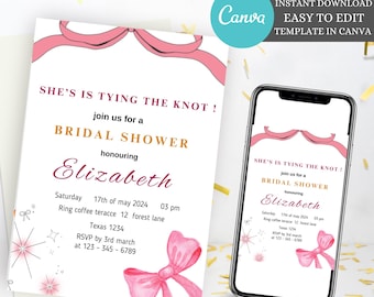 Modello modificabile per invito alla festa nuziale "She's Tying the Knot", invito minimalista alla festa nuziale con fiocco rosa, download immediato, modello Canva