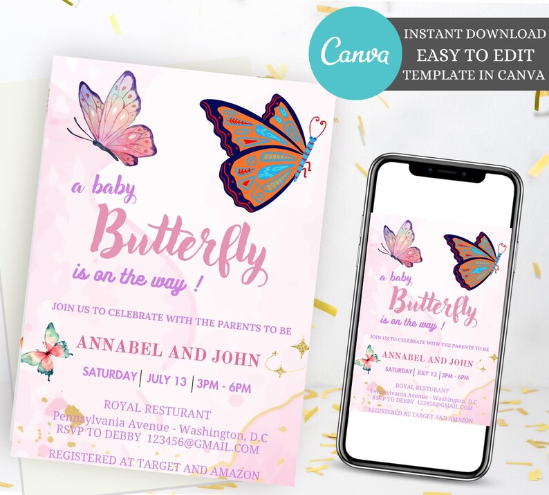 Editable Butterfly Baby Shower Invitation, Purple Butterfly Invitation ...
