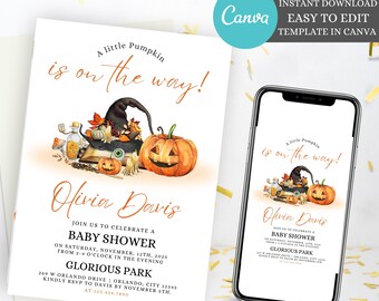 Pumpkin baby shower Invitation, Editable Fall Baby Shower Invite, Fall Autumn Rustic Gender Neutral Baby Shower,  Instant Download invite