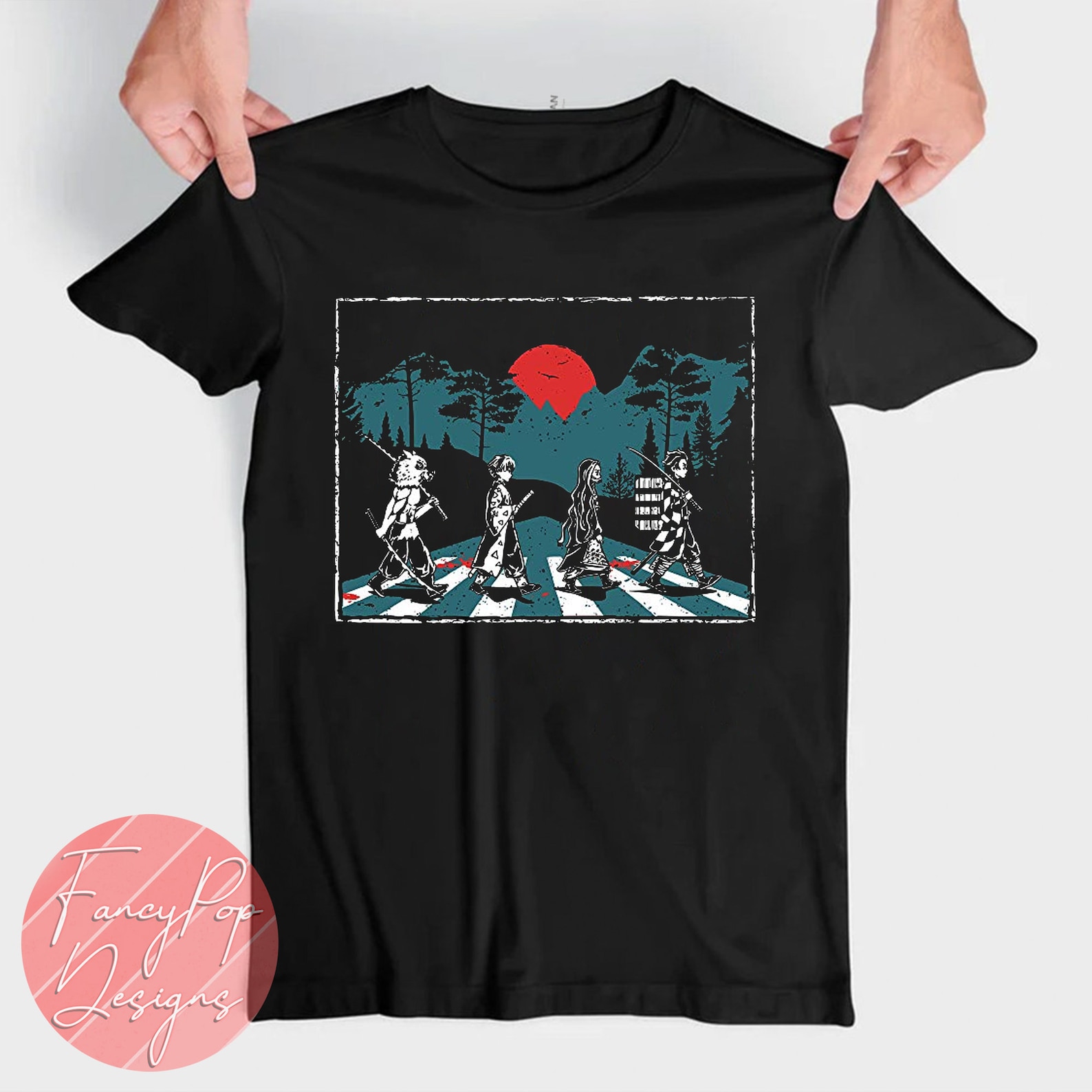 black t shirt with the 4 main characters from Demon Slayer in the style of Abbey Road