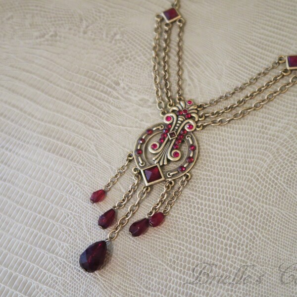 Reign Inspired Necklace Renaissance Elizabethan Medieval Gold Metal Ruby Glass Beads