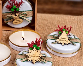 Lata personalizada para velas navideñas, detalles navideños personalizados, decoración floral rústica, decoración de mesa navideña