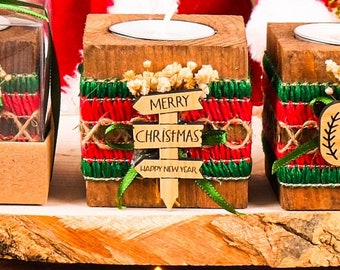 Portavelas navideño de madera, decoración rústica de flores de yute, regalo ideal para compañeros de trabajo en Navidad y Año Nuevo.