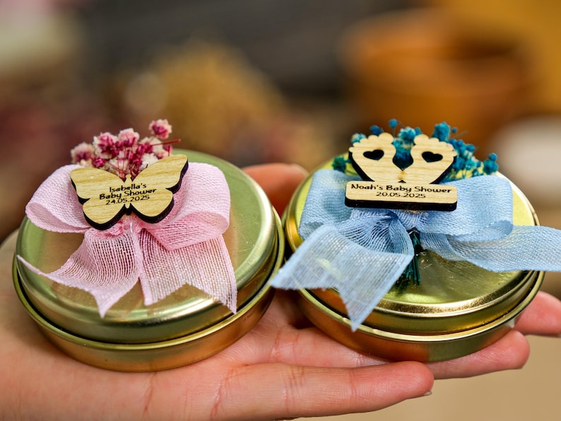 Baby Shower Favors Scented Candles, Birthday Baptism Favors, Tin Candles, Candle with Dried Flowers, Thank You Gifts, Baby Boy, Its A Girl