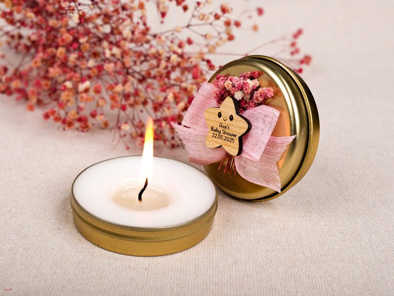 Baby Shower Favors Scented Candles, Birthday Baptism Favors, Tin Candles, Candle with Dried Flowers, Thank You Gifts, Baby Boy, Its A Girl