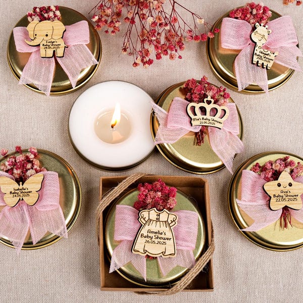 Cadeaux pour baby shower, bougies parfumées, cadeaux d'anniversaire de baptême, bougies en étain, bougie avec fleurs séchées, cadeaux de remerciement, bébé garçon, c'est une fille