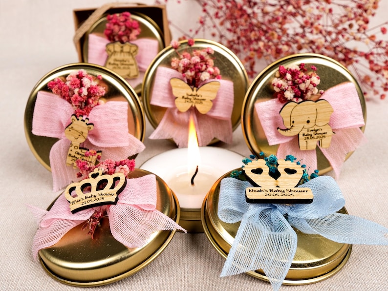 Baby Shower Favors Scented Candles, Birthday Baptism Favors, Tin Candles, Candle with Dried Flowers, Thank You Gifts, Baby Boy, Its A Girl